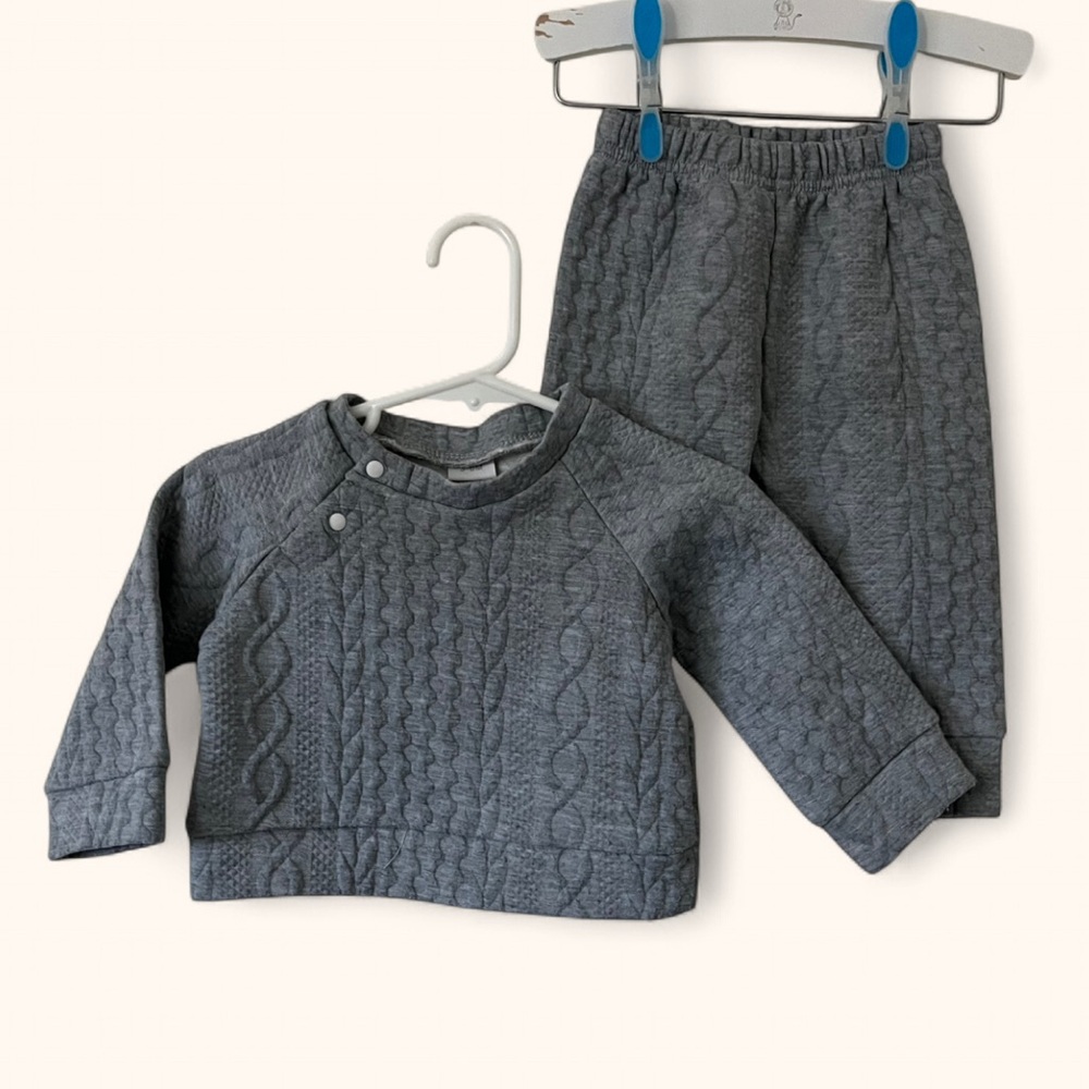 3-6M Unisex Boutique 2 Piece Gray Long Sleeve Pants Cable Knit Quilted Outfit